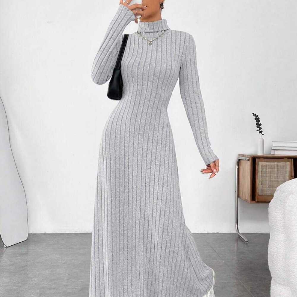 Bodycon Long Sleeve Ribbed Dress - فستان أنيق للخريف بياقة عالية وأكمام