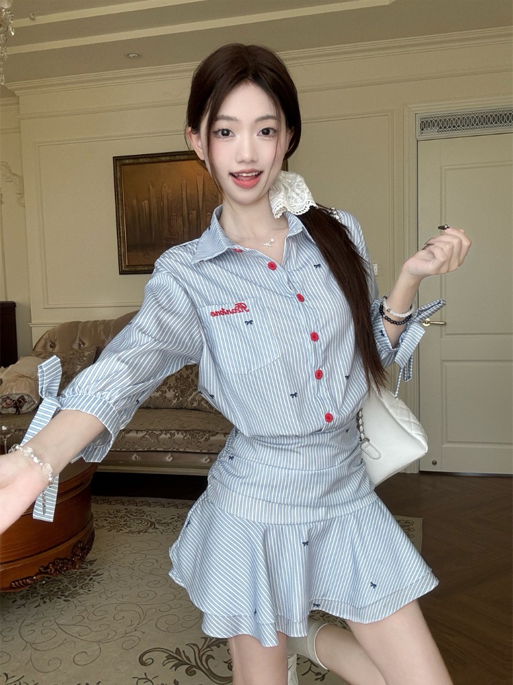 Korean Style A Line Shirt Dress - فستان قميص كاجوال مخطط على الطراز