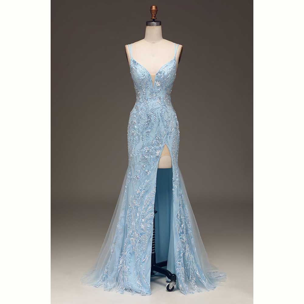 Elegant Satin Evening Gown Split - أنيقة الضوء الأزرق الساتان المرأة فساتين