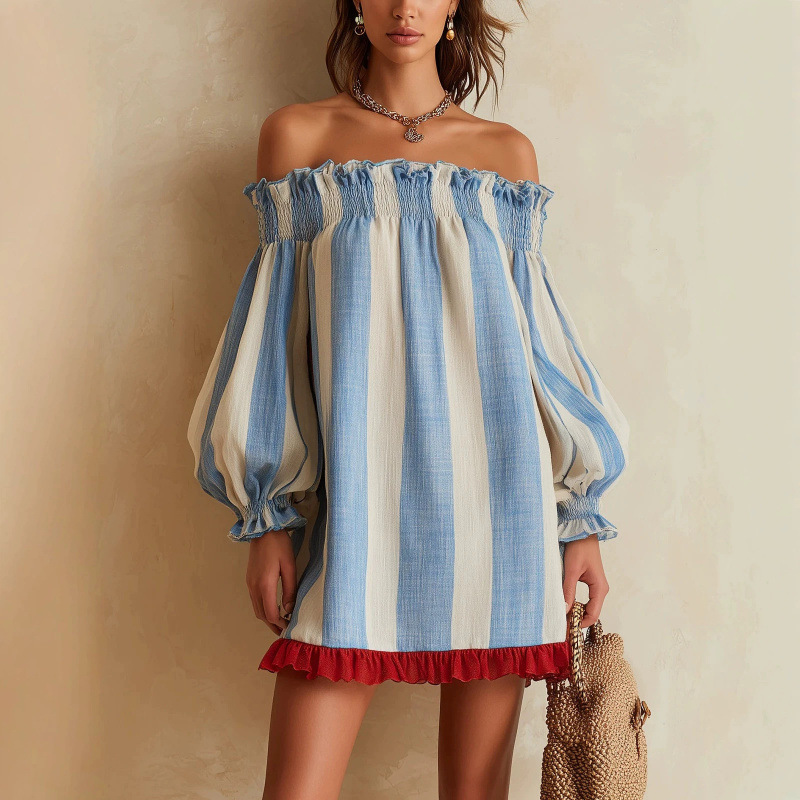 Off Shoulder Puff Sleeve Sundress - فستان نسائي 2026 بدون أكتاف، أزرق