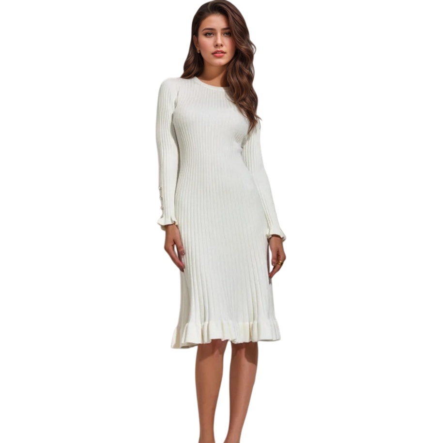 Bodycon Long Sleeve Ribbed Dress - فستان نسائي ضيق بأكمام طويلة منسوج