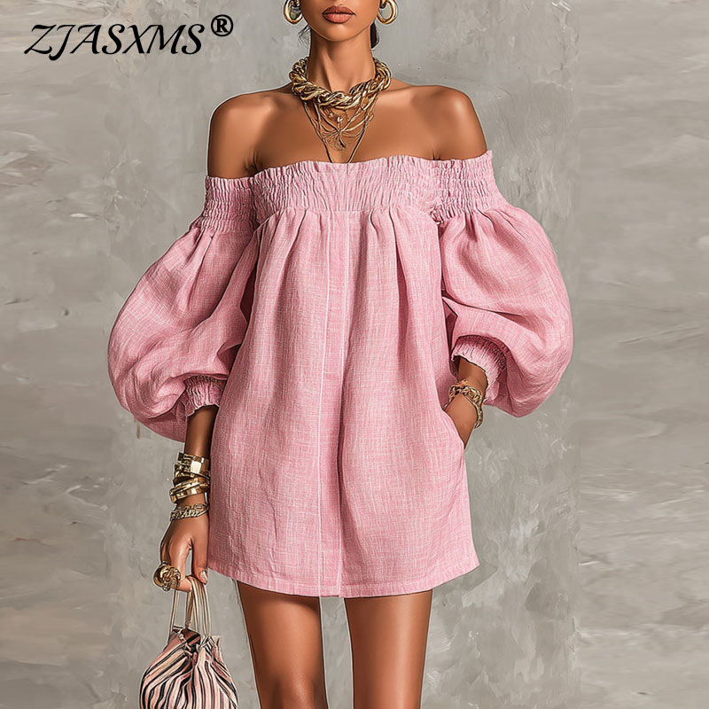 Off Shoulder Puff Sleeve Sundress - فستان صيفي جديد 2026 بأكتاف مكشوفة