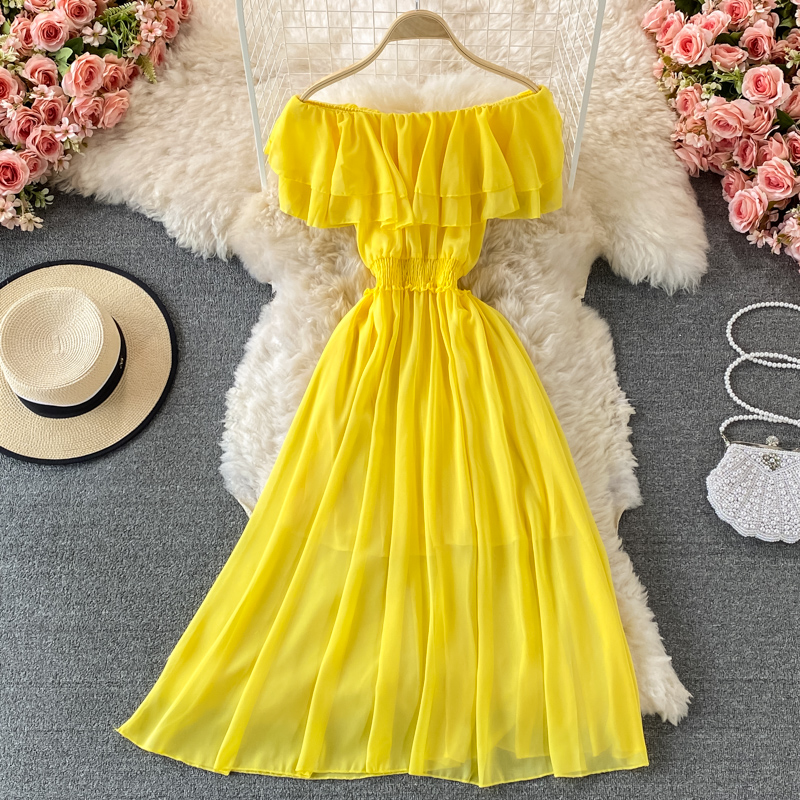 Off Shoulder Puff Sleeve Sundress - فستان شاطئ شيفون مكشوف الكتفين نسائي