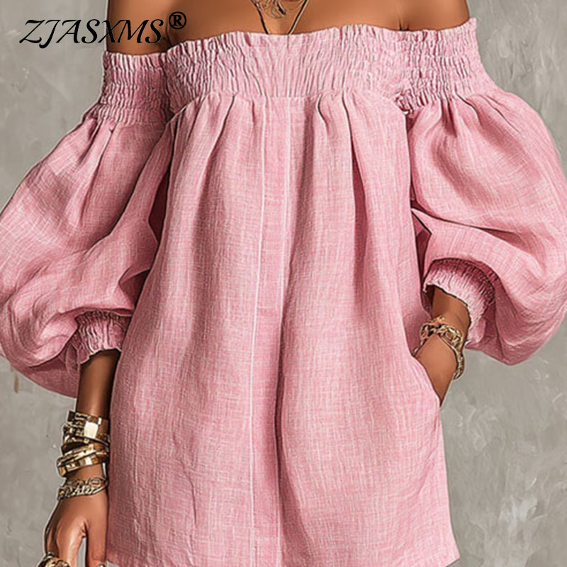 Off Shoulder Puff Sleeve Sundress - فستان نسائي جديد بلون موحد مكشوف