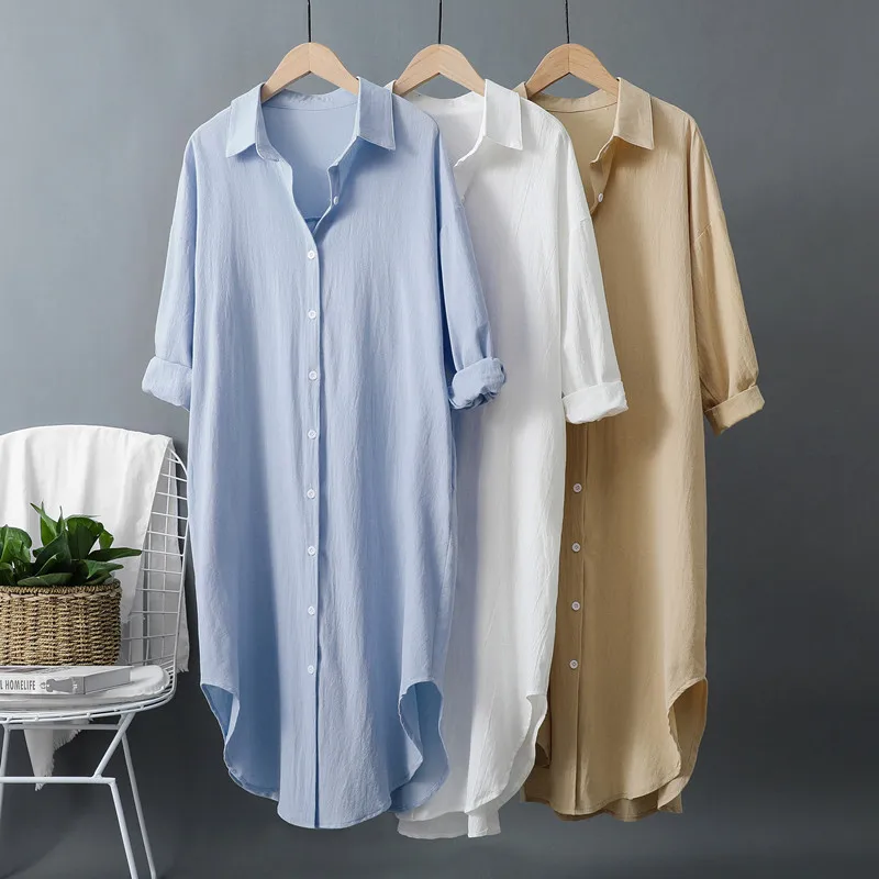 Casual Loose Linen Shirt Dress - فساتين نسائية طويلة جديدة من القطن