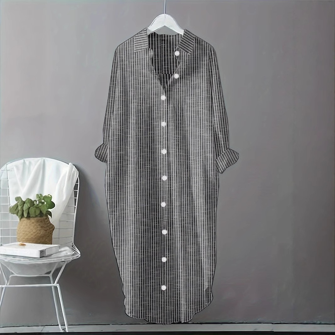 Casual Loose Linen Shirt Dress - فستان قميص نسائي مخطط من القطن