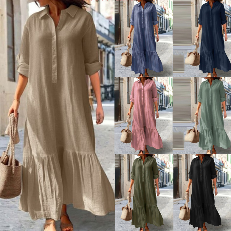 Casual Loose Linen Shirt Dress - فستان قميص كتان نسائي 2025 -
