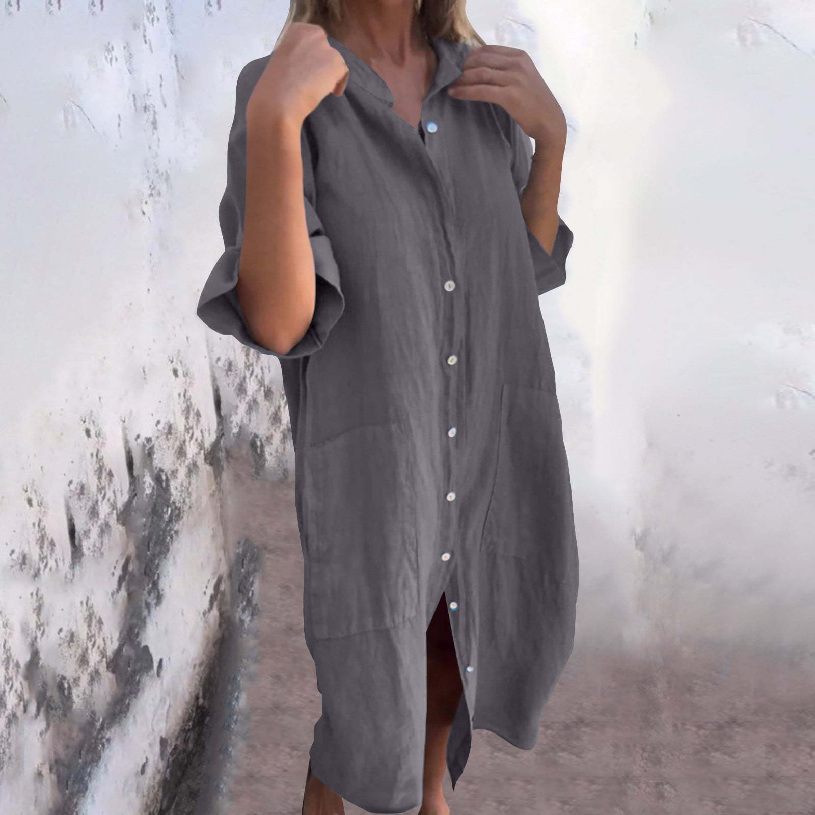 Casual Loose Linen Shirt Dress - فستان قميص كتان فضفاض غير رسمي