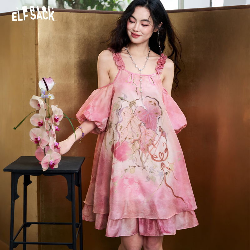 Off Shoulder Puff Sleeve Sundress - فستان نسائي من الشيفون الجاكار المصبوغ