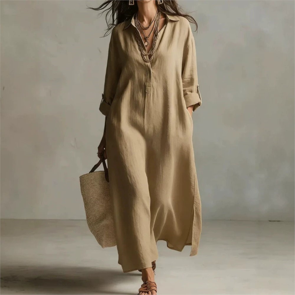 Casual Loose Linen Shirt Dress - فستان قميص نسائي طويل من الكتان
