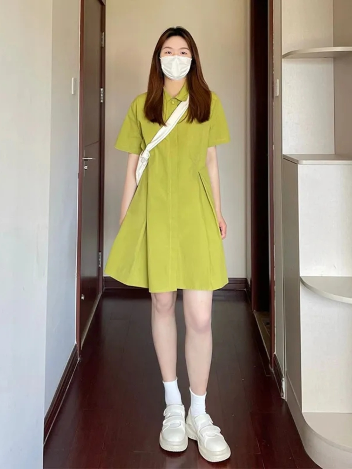 Korean Style A Line Shirt Dress - فستان نسائي بياقة واسعة مقاس كبير،