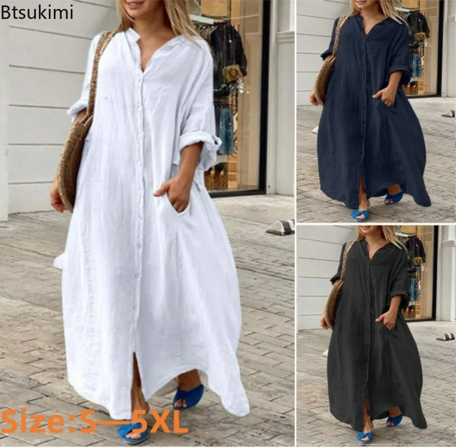Casual Loose Linen Shirt Dress - فستان نسائي طويل من القطن والكتان