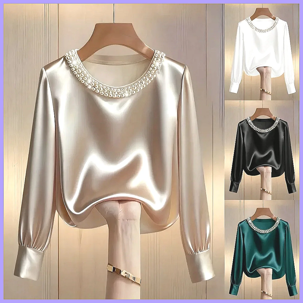 Blouses - بلوزة ساتان أنيقة مزينة بالخرز للنساء،