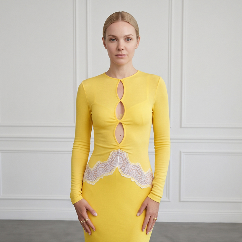 Bodycon Long Sleeve Ribbed Dress - فستان ماكسي نسائي أصفر بأكمام طويلة
