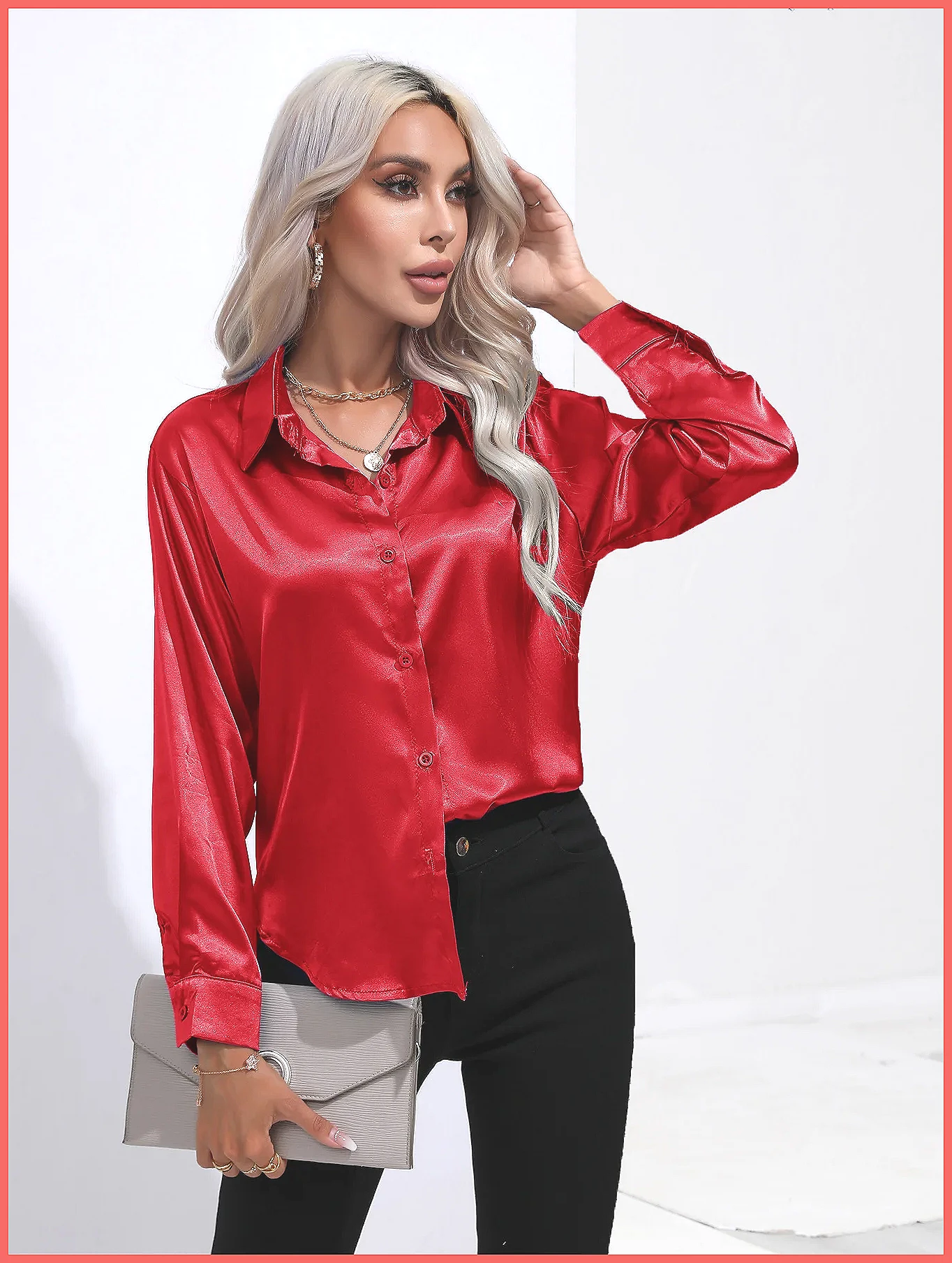 Blouses - قميص ساتان نسائي لربيع وصيف 2025،