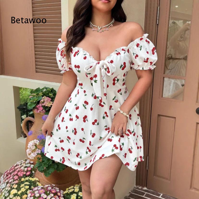 Off Shoulder Puff Sleeve Sundress - فستان نسائي قصير مكشوف الأكتاف بطبعة