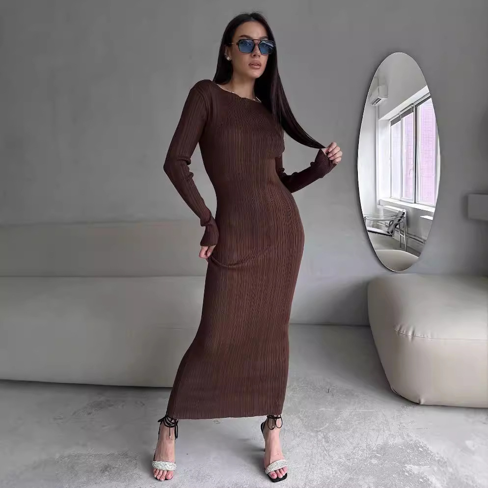 Bodycon Long Sleeve Ribbed Dress - فستان نسائي أنيق بياقة دائرية وخصر