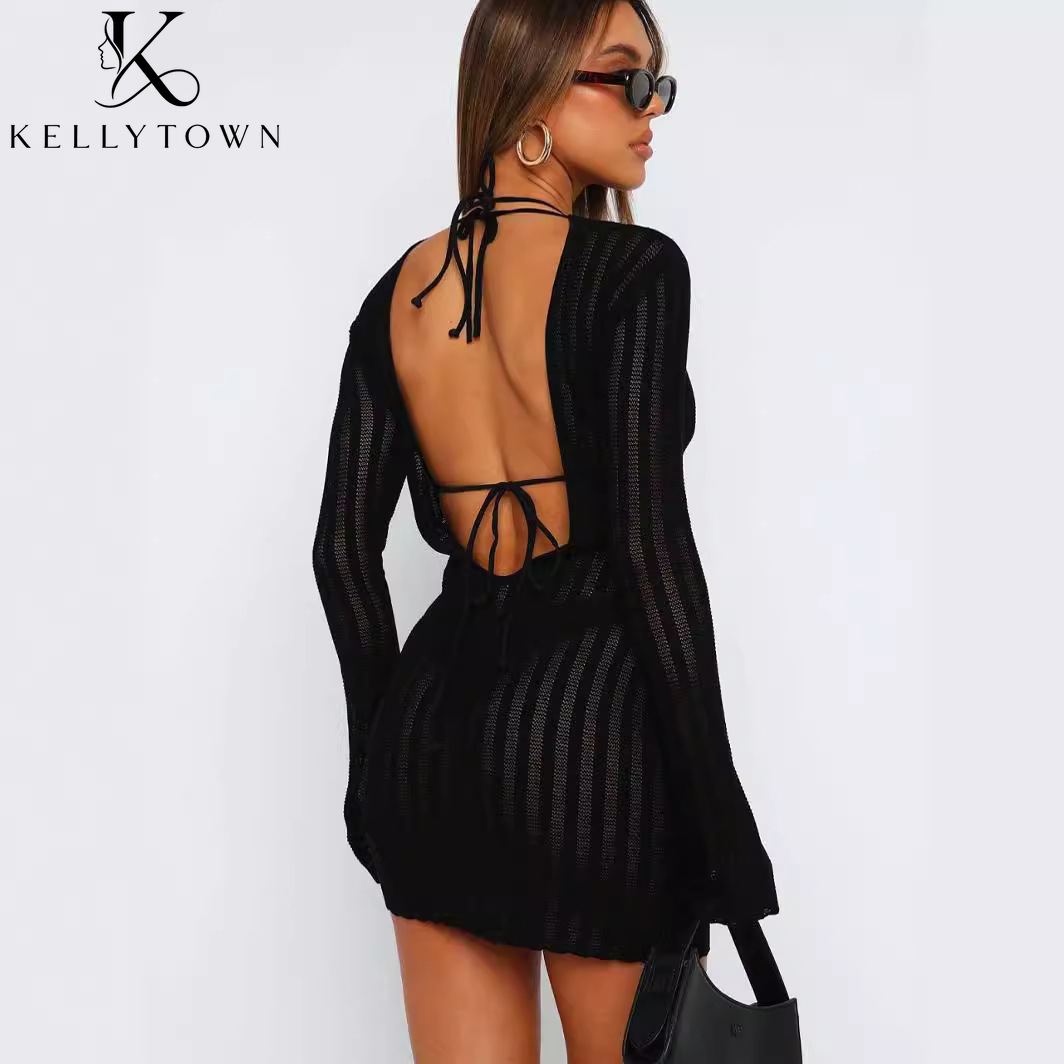 Bodycon Long Sleeve Ribbed Dress - فستان ميني ضيق بدون ظهر مثير