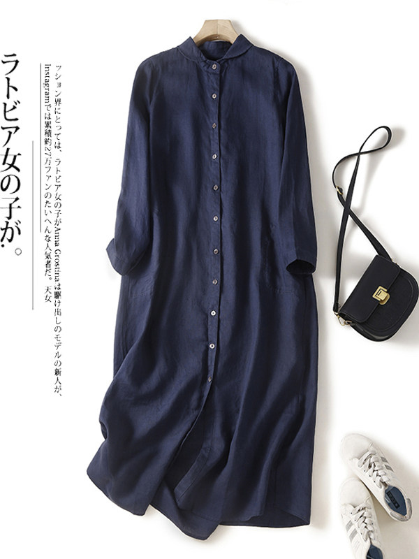 Casual Loose Linen Shirt Dress - فستان قميص فضفاض من القطن والكتان