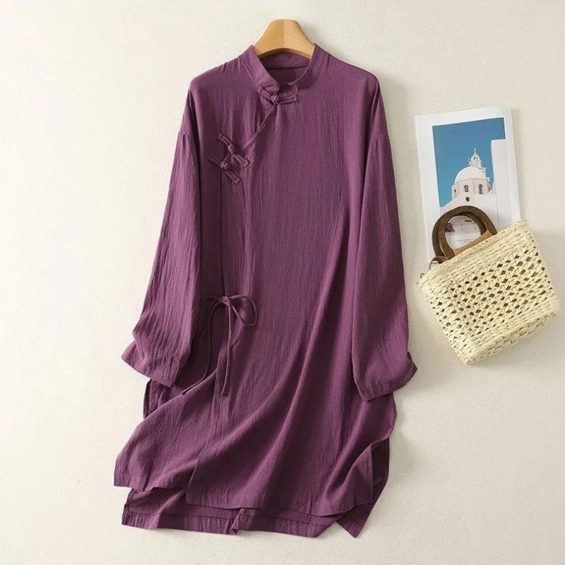 Casual Loose Linen Shirt Dress - فستان نسائي بتصميم صيني بأزرار على