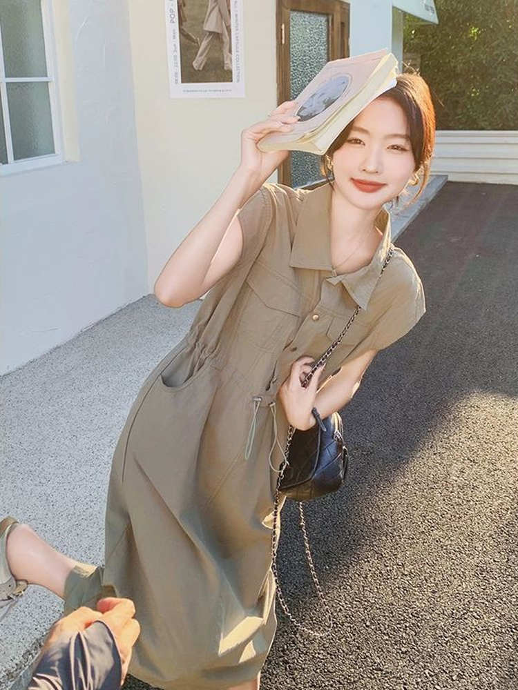 Korean Style A Line Shirt Dress - فستان قميص نسائي كوري أنيق للتنحيف