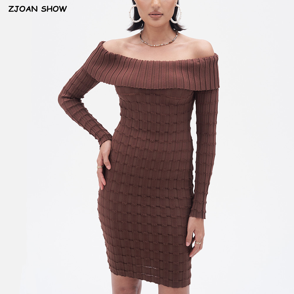 Bodycon Long Sleeve Ribbed Dress - 2025 مثير Ruched مائل الكتف شرابة