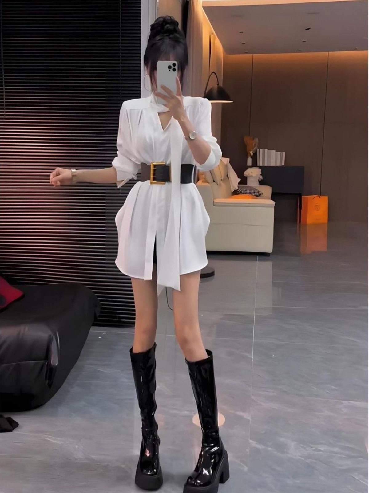 Korean Style A Line Shirt Dress - فستان قميص حريري أبيض للنساء، تنورة