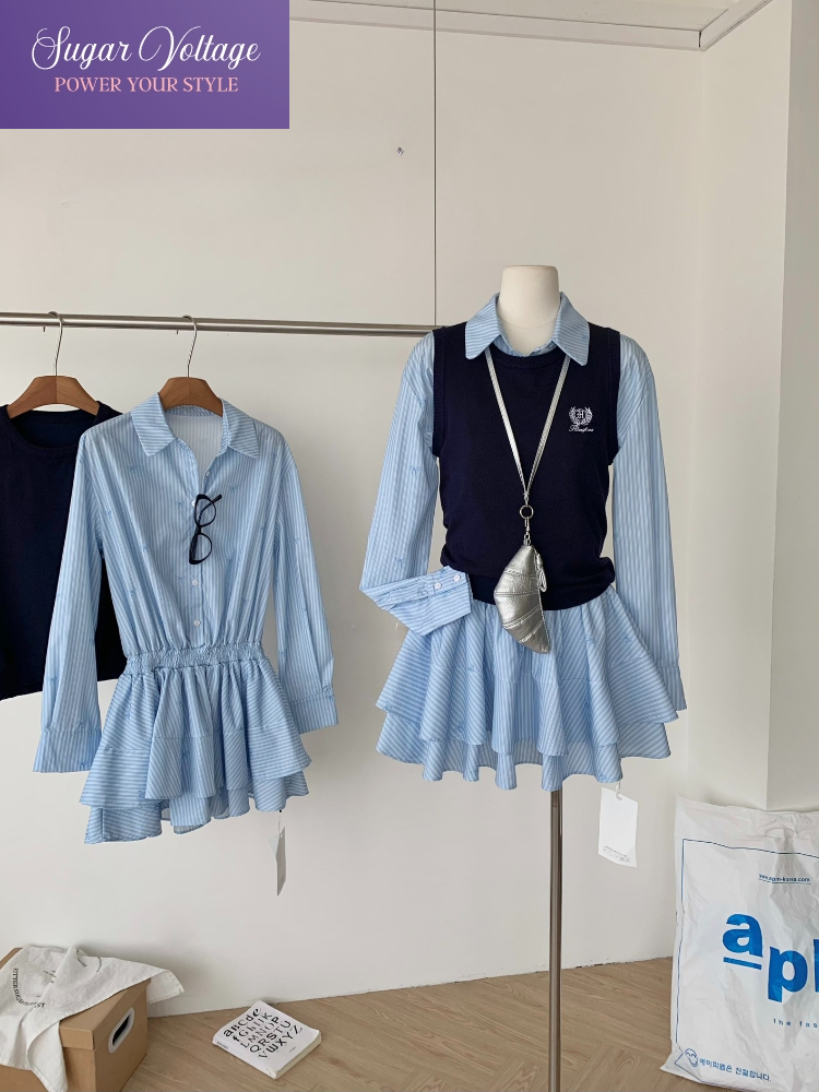 Korean Style A Line Shirt Dress - ربيع الخريف الكورية موضة كلية نمط