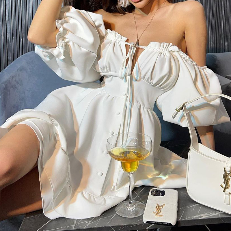 Off Shoulder Puff Sleeve Sundress - فساتين نسائية قصيرة بدون أكتاف للصيف،