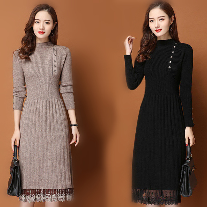 Bodycon Long Sleeve Ribbed Dress - الدانتيل تنحنح أزرار المرأة الخريف الشتاء