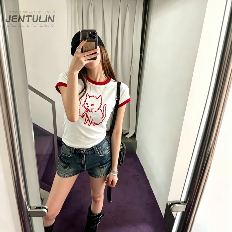 Y2K Graphic Baby Tee Crop - تي شيرت نسائي قصير بتصميم كوري