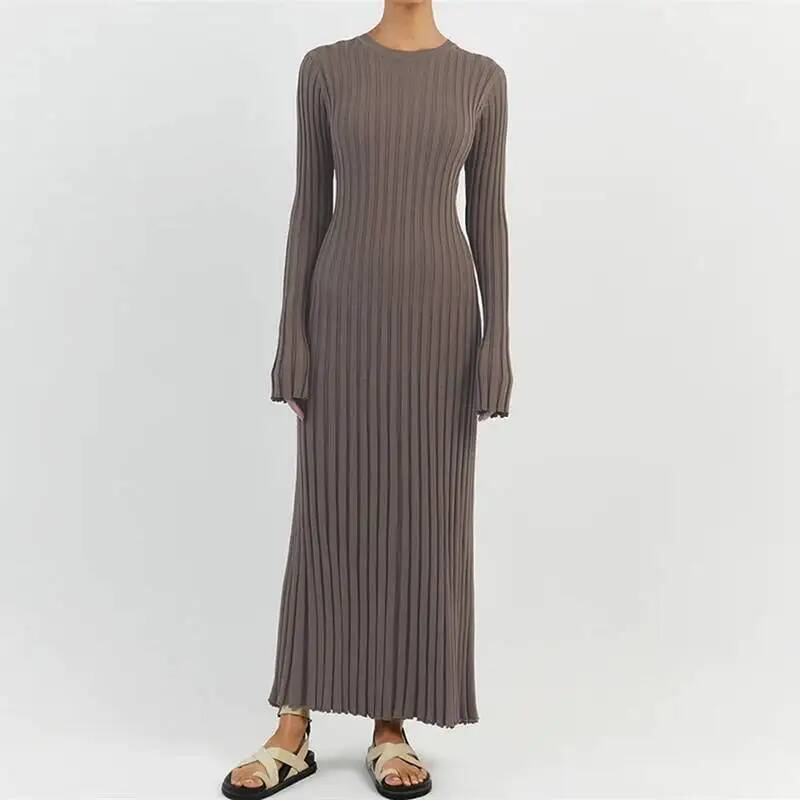 Bodycon Long Sleeve Ribbed Dress - فستان نسائي أنيق طويل بأكمام كاملة