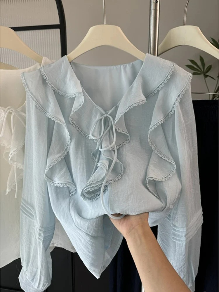 Blouses - بلوزة فرنسية أنيقة بياقة على شكل