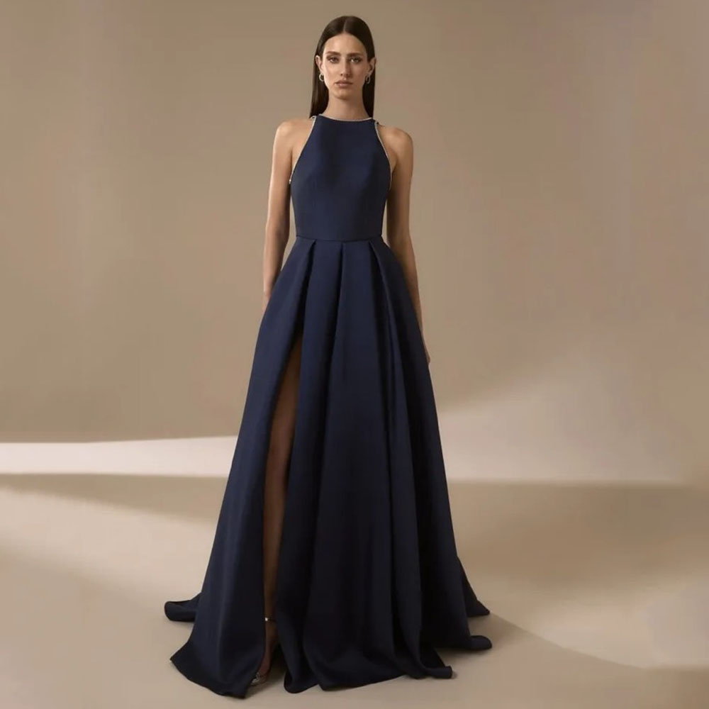 Elegant Satin Evening Gown Split - فساتين سهرة من الساتان باللون الأزرق