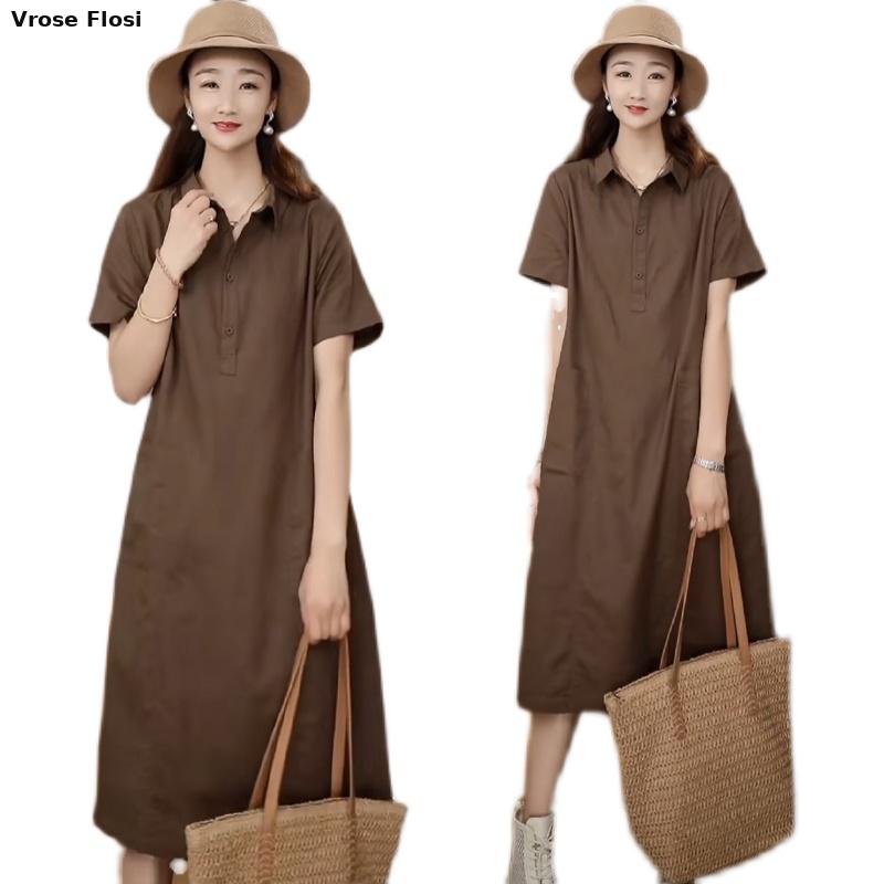 Casual Loose Linen Shirt Dress - فستان نسائي بأكمام قصيرة من الكتان