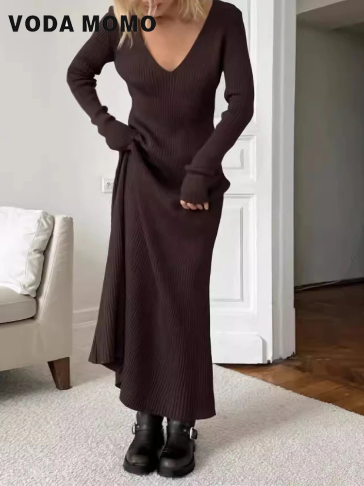 Bodycon Long Sleeve Ribbed Dress - فساتين ماكسي ضيقة متعددة الاستخدامات بأكمام