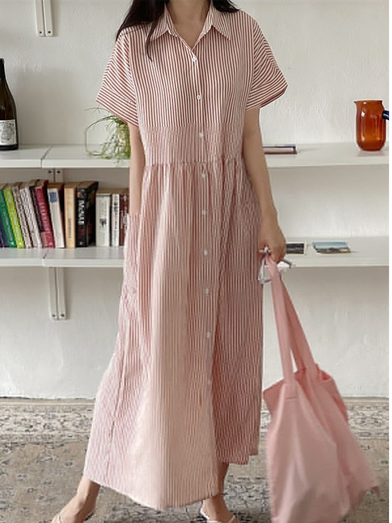 فستان قميص نسائي مخطط بتصميم ك - مراجعة Casual Loose Linen Shirt Dress وسعره