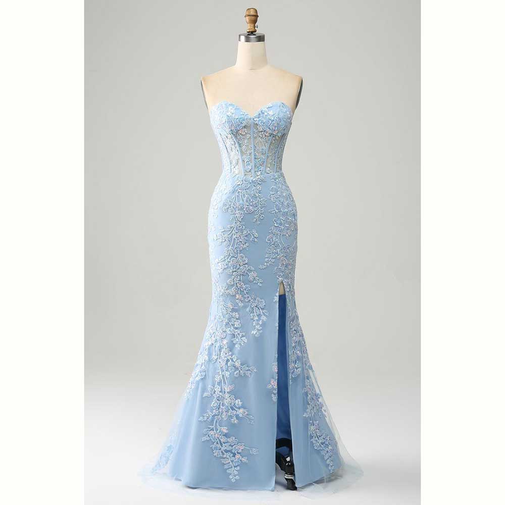 أنيقة الضوء الأزرق الساتان الم - مراجعة Elegant Satin Evening Gown Split وسعره