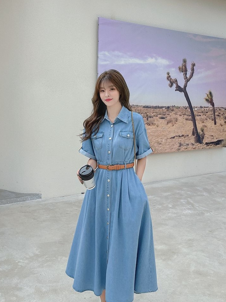 فستان جينز نسائي صيفي جديد 202 - مراجعة Korean Style A Line Shirt Dress وسعره