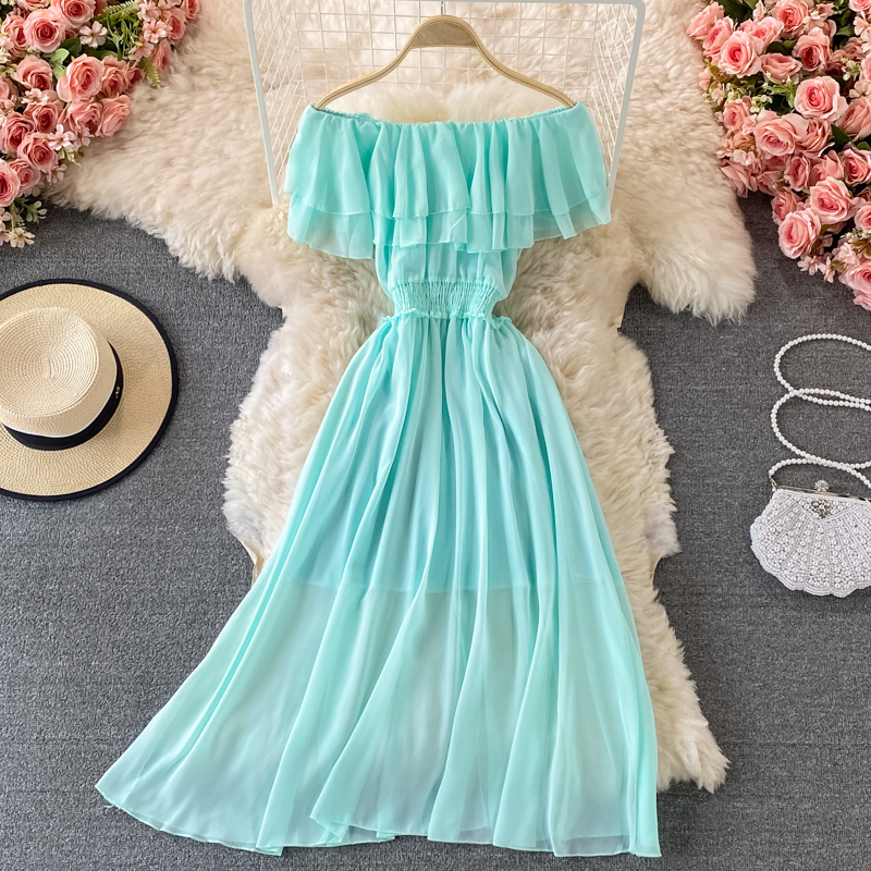 فستان شاطئ شيفون مكشوف الكتفين - مراجعة Off Shoulder Puff Sleeve Sundress وسعره