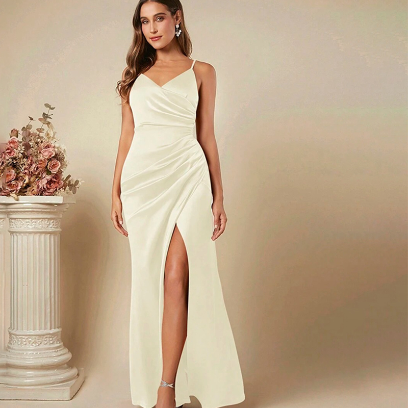 فستان نسائي أنيق بحمالات من ال - مراجعة Elegant Satin Evening Gown Split وسعره