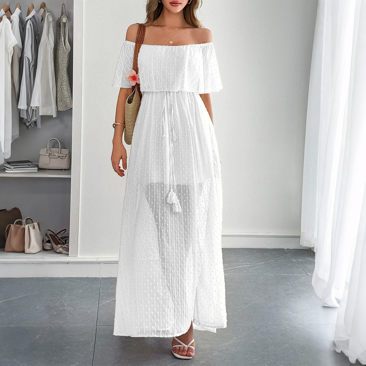 فستان نسائي أنيق طويل للصيف بن - مراجعة Off Shoulder Puff Sleeve Sundress وسعره