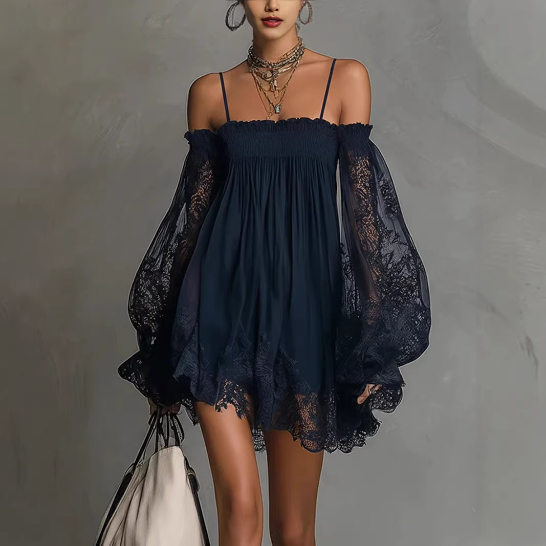 فستان قصير من الدانتيل مكشوف ا - مراجعة Off Shoulder Puff Sleeve Sundress وسعره