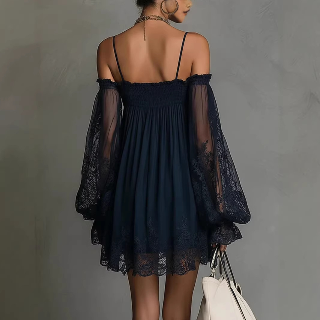 فستان قصير من الدانتيل مكشوف ا - مراجعة Off Shoulder Puff Sleeve Sundress وسعره