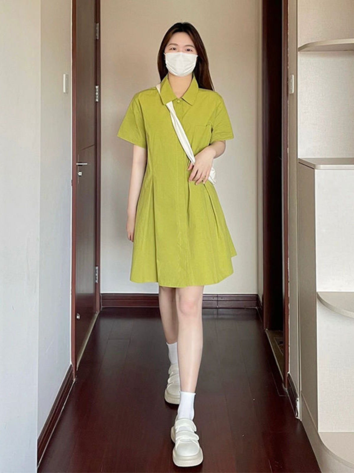 فستان نسائي بياقة واسعة مقاس ك - مراجعة Korean Style A Line Shirt Dress وسعره