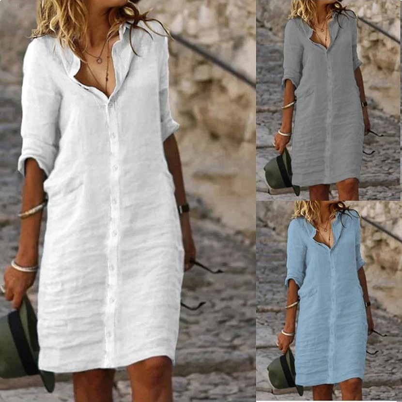 فستان قميص ميدي فضفاض بأزرار م - مراجعة Casual Loose Linen Shirt Dress وسعره