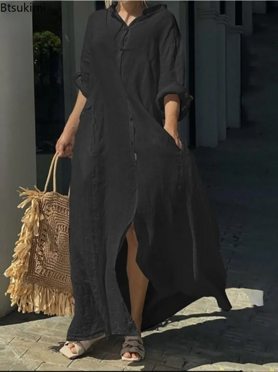 فستان نسائي طويل من القطن والك - مراجعة Casual Loose Linen Shirt Dress وسعره