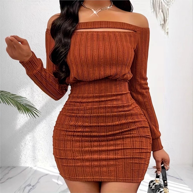 فستان نسائي أنيق للربيع والخري - مراجعة Bodycon Long Sleeve Ribbed Dress وسعره