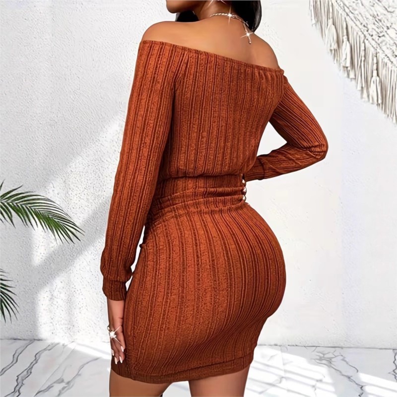 فستان نسائي أنيق للربيع والخري - مراجعة Bodycon Long Sleeve Ribbed Dress وسعره