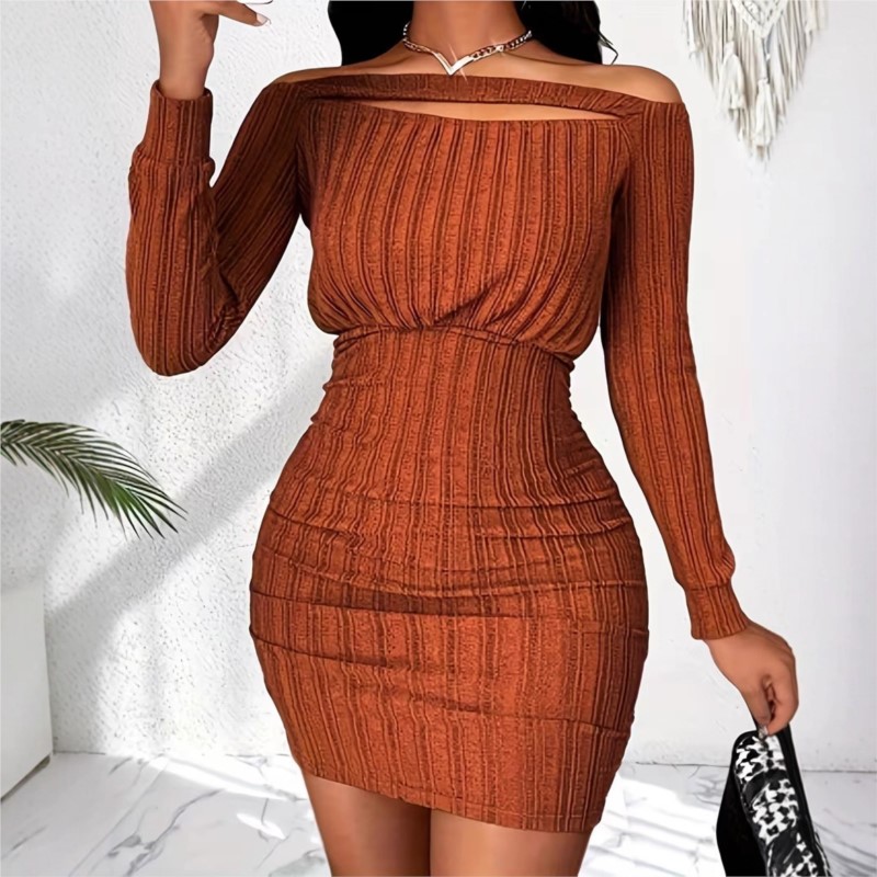 فستان نسائي أنيق للربيع والخري - مراجعة Bodycon Long Sleeve Ribbed Dress وسعره